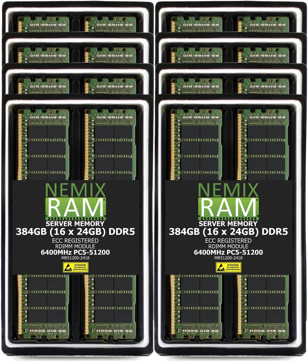 Sixteen green DDR5 ECC RDIMM modules with black heat spreaders in a row