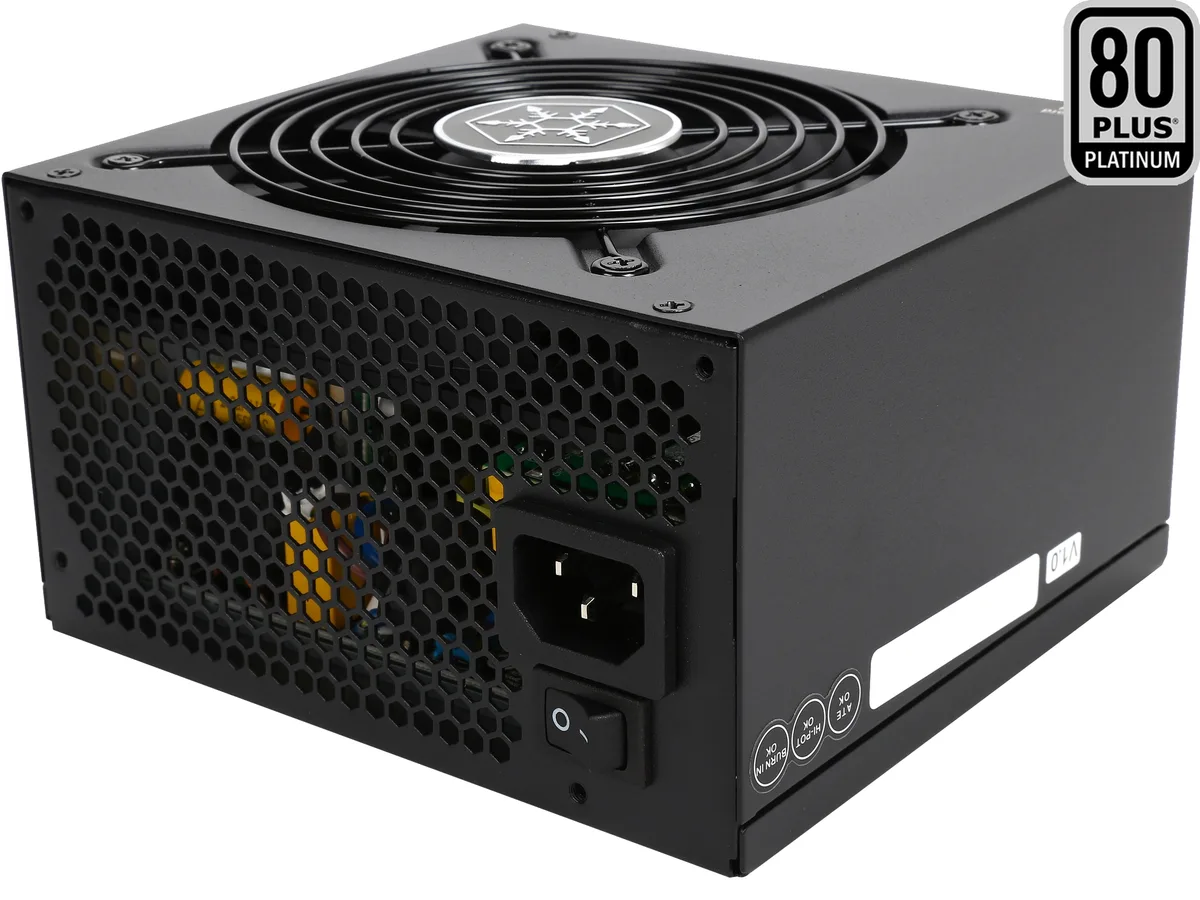 Silver rectangular ATX power supply unit with modular cable sockets and a 120mm fan grille