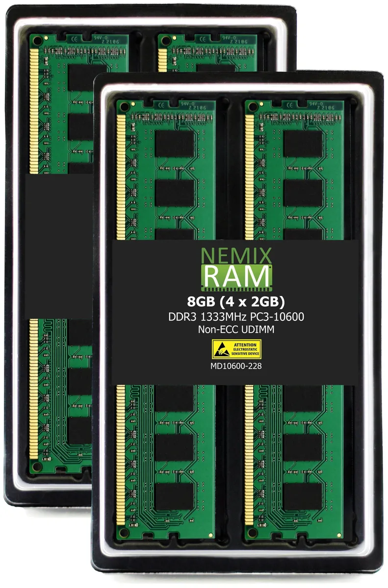 Four green DDR3 UDIMM sticks with black chips, no heat spreaders