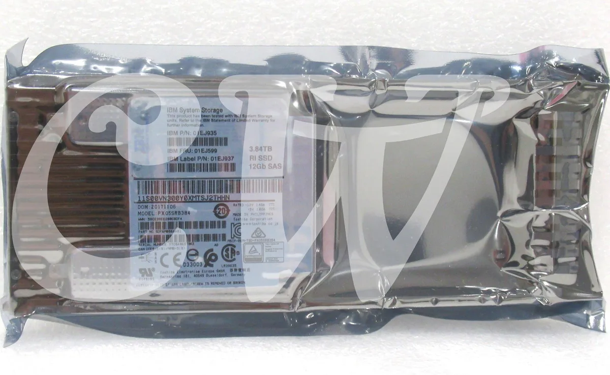 Rectangular 2.5 inch SAS solid state drive with silver metal casing and label showing capacity and model