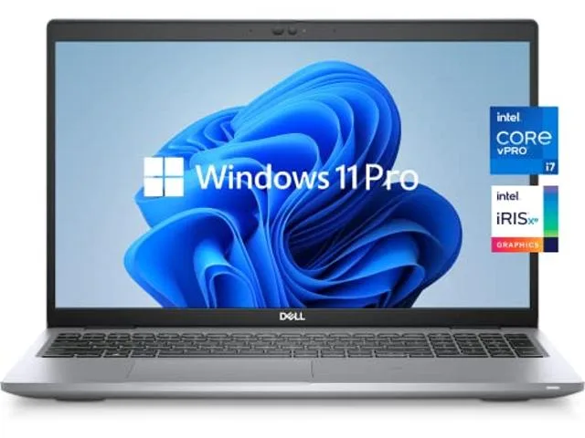 Silver Dell Latitude 5520 laptop, 15.6 inch screen, thin bezels, backlit keyboard, fingerprint reader, IR camera with privacy shutter