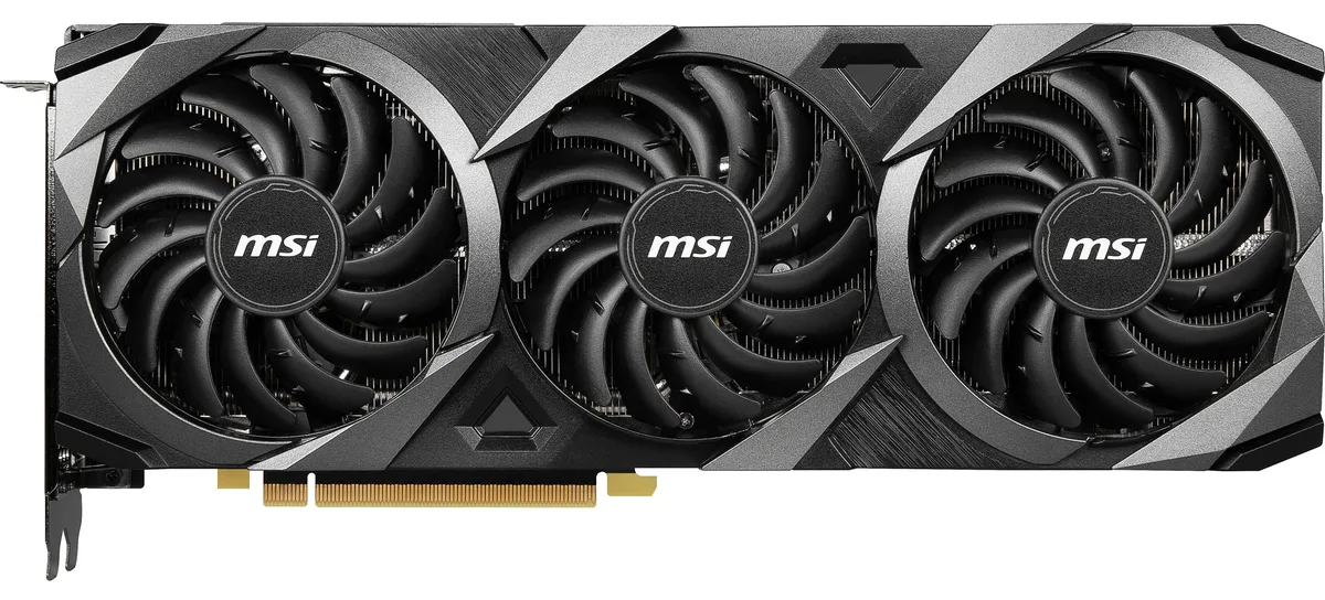 Black triple-fan graphics card with silver accents and backplate
