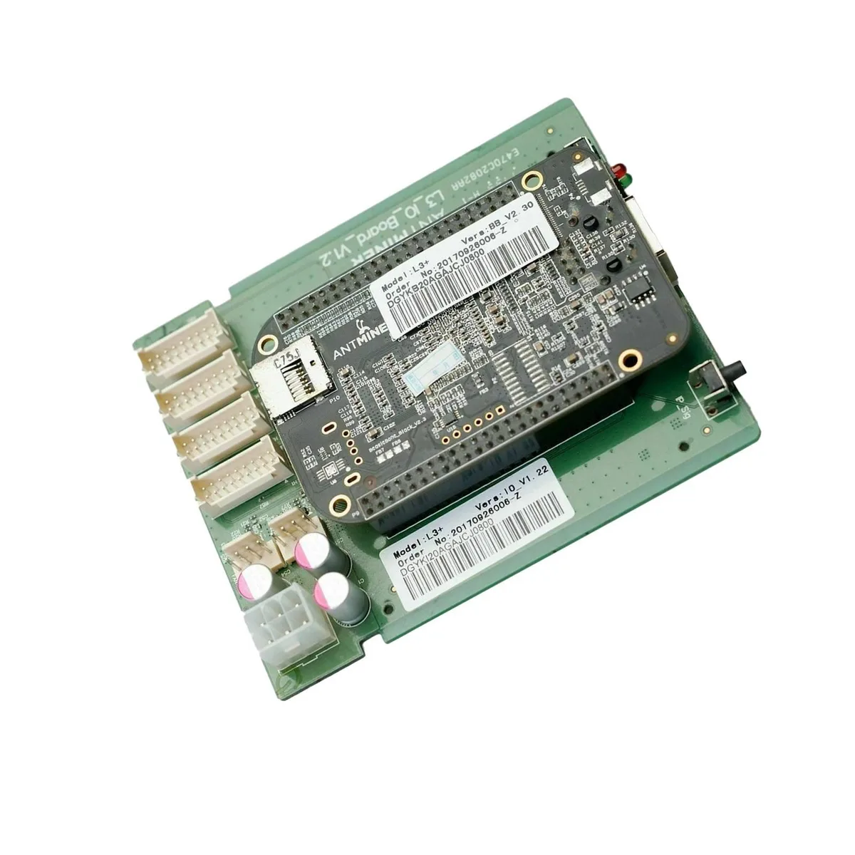 Green printed circuit board with black connectors and mounted components for Antminer L3+