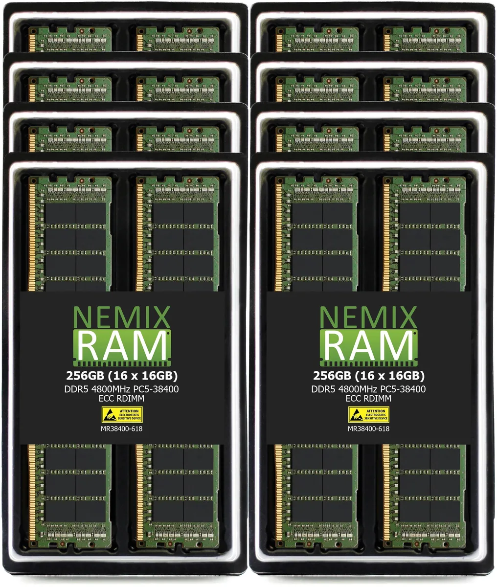 Six green DDR5 RDIMM sticks in a row