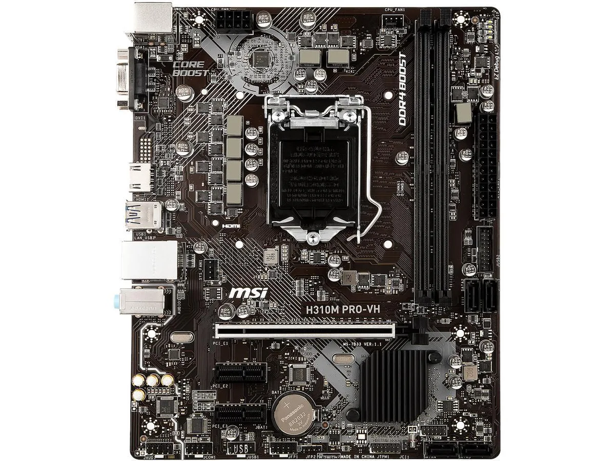 Green Micro ATX motherboard with silver I/O shield, two black DDR4 slots, four black SATA ports, HDMI and D-Sub video outputs