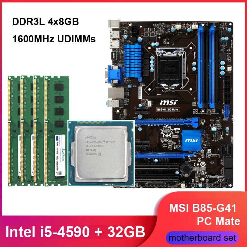 MSI B85-G41 PC Mate motherboard with Intel Core i5-4590 CPU and four DDR3L memory modules