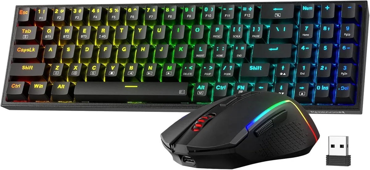 Black 75 percent mechanical keyboard with 78 keys and matching wireless mouse