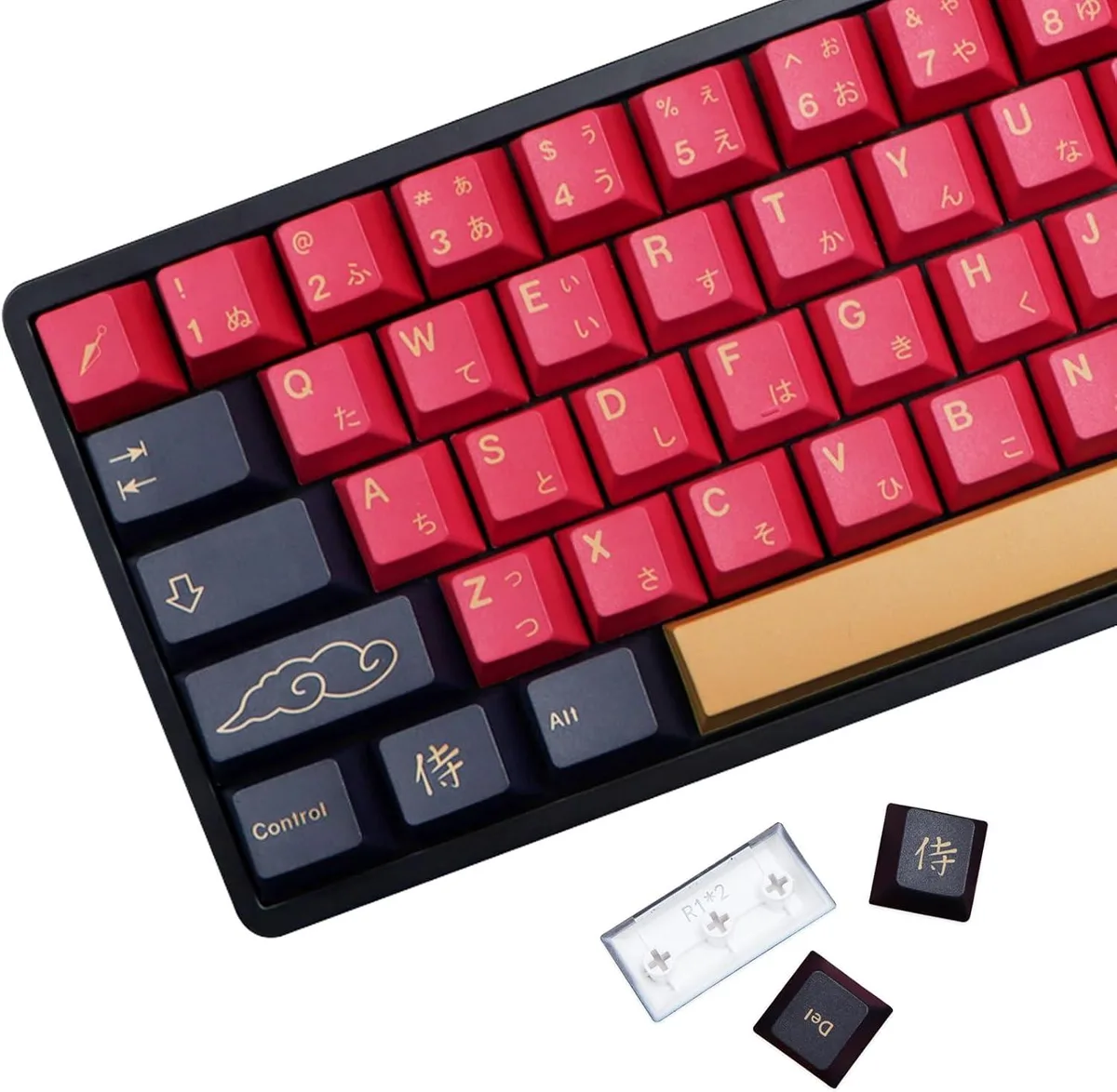 Red samurai-themed PBT keycap set, matte textured legends, Cherry profile, 129 keys with puller