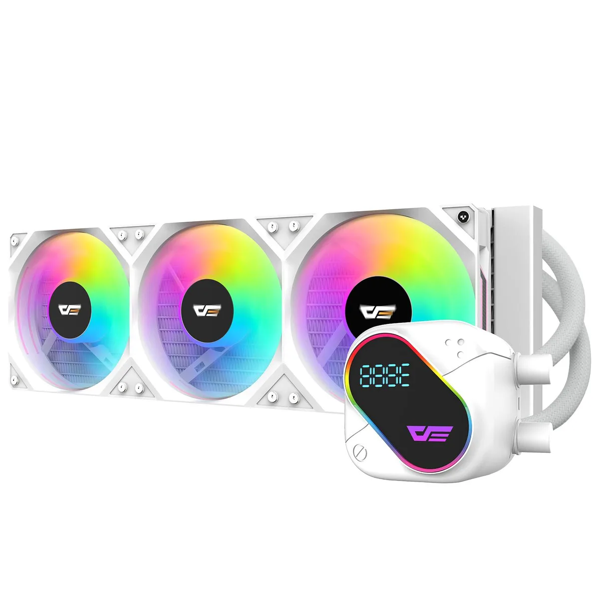 White 360 mm AIO radiator with three 120 mm ARGB fans and a square LCD pump block