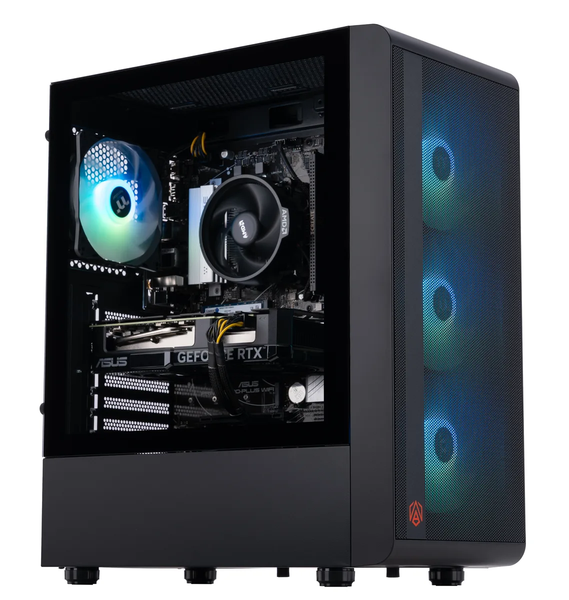 Black mid-tower gaming desktop with tempered glass side panel