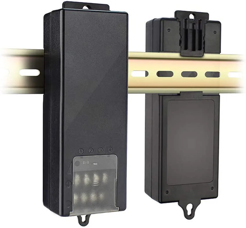 Compact grey metal DIN-rail power supply with four output channels and LED indicators
