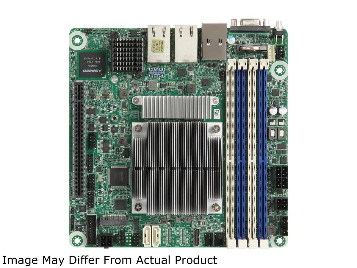 Green Mini-ITX server motherboard with dual 10G RJ45 ports, four DDR4 slots and PCIe x16 slot
