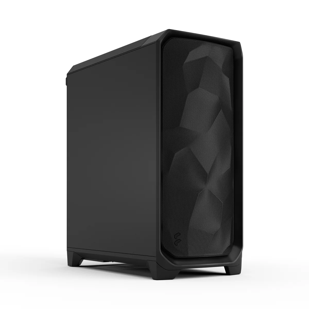 Black mid-tower steel case with rockface mesh front panel and solid side panel, three 140mm fans visible behind the mesh