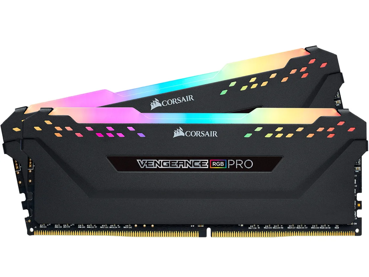 Two black DDR4 modules with anodized aluminum heat spreaders and 10 RGB LEDs each