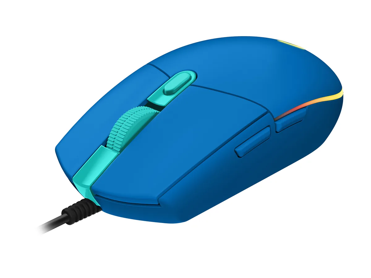 Blue wired gaming mouse with six buttons and RGB lighting