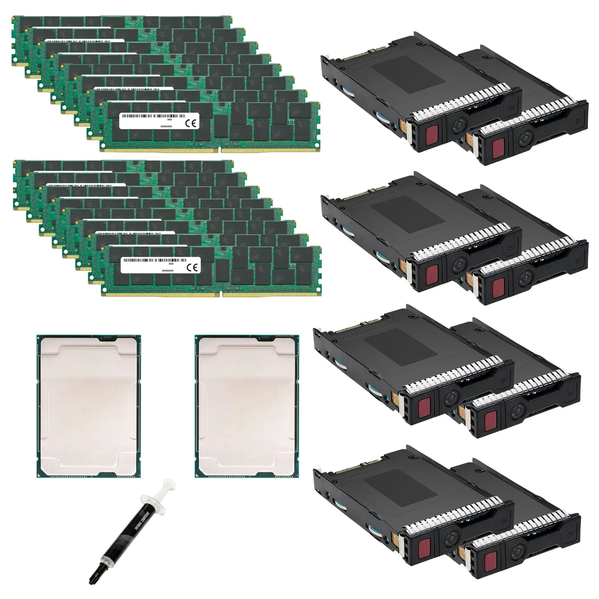 Two Intel Xeon Gold 6130 processors, sixteen DDR4 memory modules, eight SATA SSDs