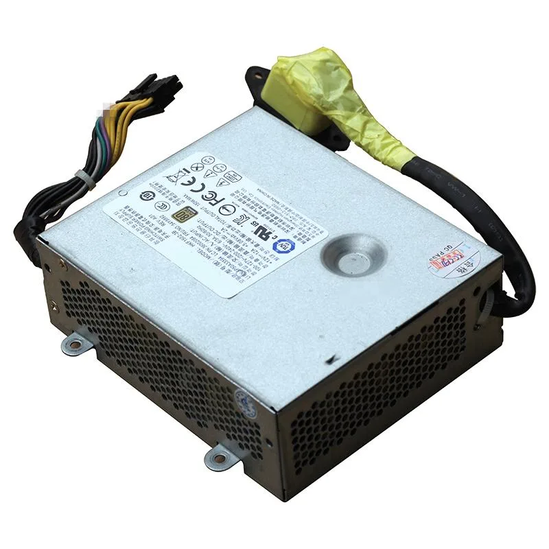 A black rectangular ATX power supply unit with a metal grille and label visible