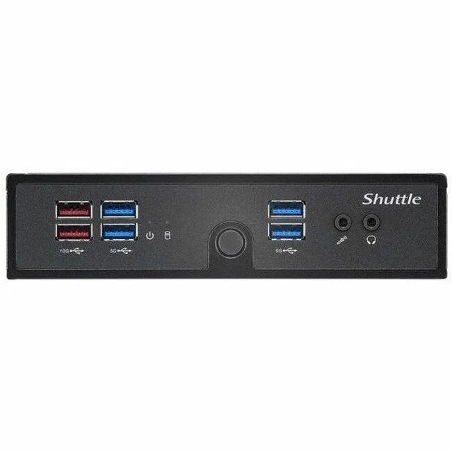 Black slim barebone mini PC with front USB ports and rear video outputs