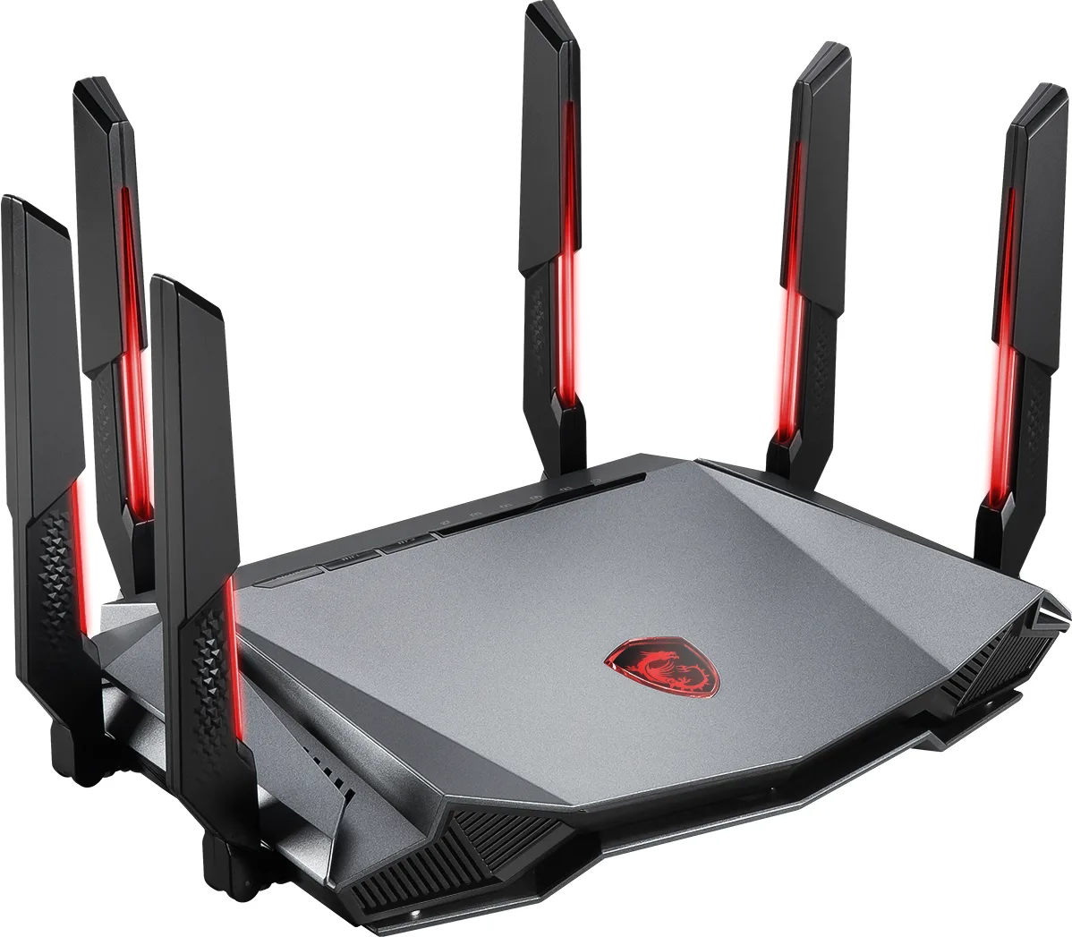 Black angular router with six illuminated RGB antennas on a flat base