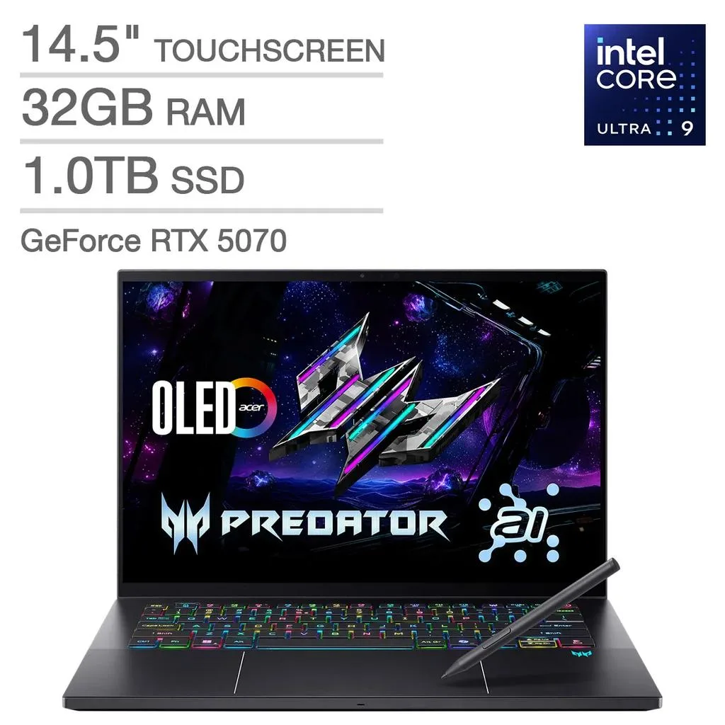 Silver 14.5 inch gaming laptop with OLED touchscreen display open showing keyboard