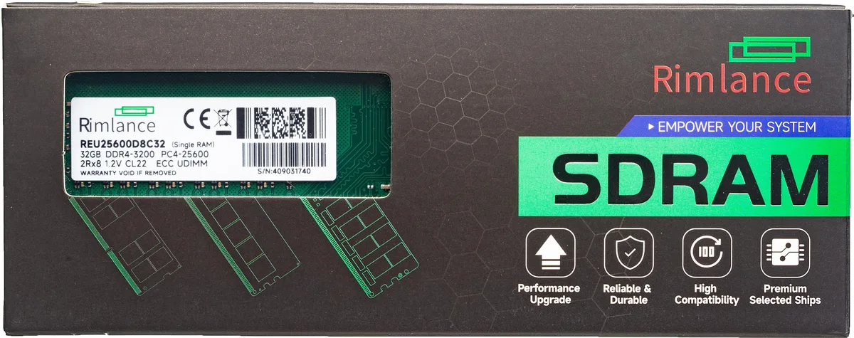 RIMLANCE RIMLANCE REU25600D8C32-1 32GB DDR4 3200 ECC UDIMM 2Rx8 CL22 1.2V server RAM — 商品写真