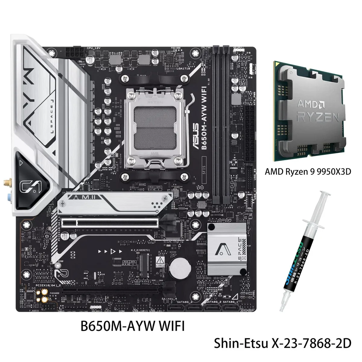 ASUS B650M-AYW WIFI micro-ATX motherboard with Ryzen 9 9950X3D CPU in AM5 socket