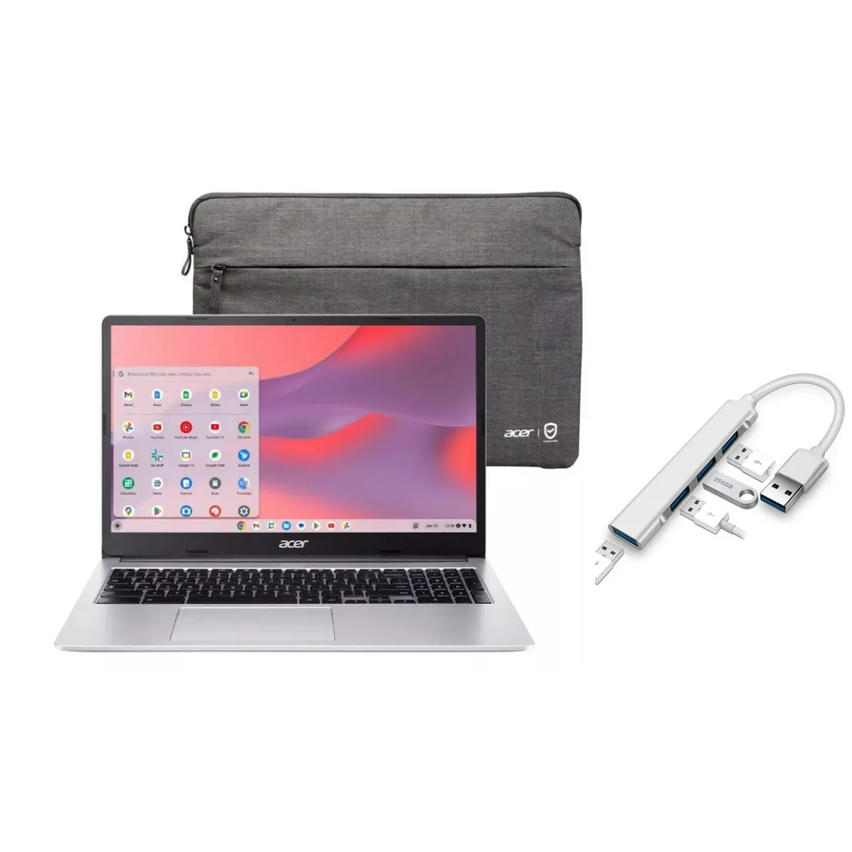 Silver 15.6 inch laptop with non-touch HD display, flat keyboard and protective sleeve
