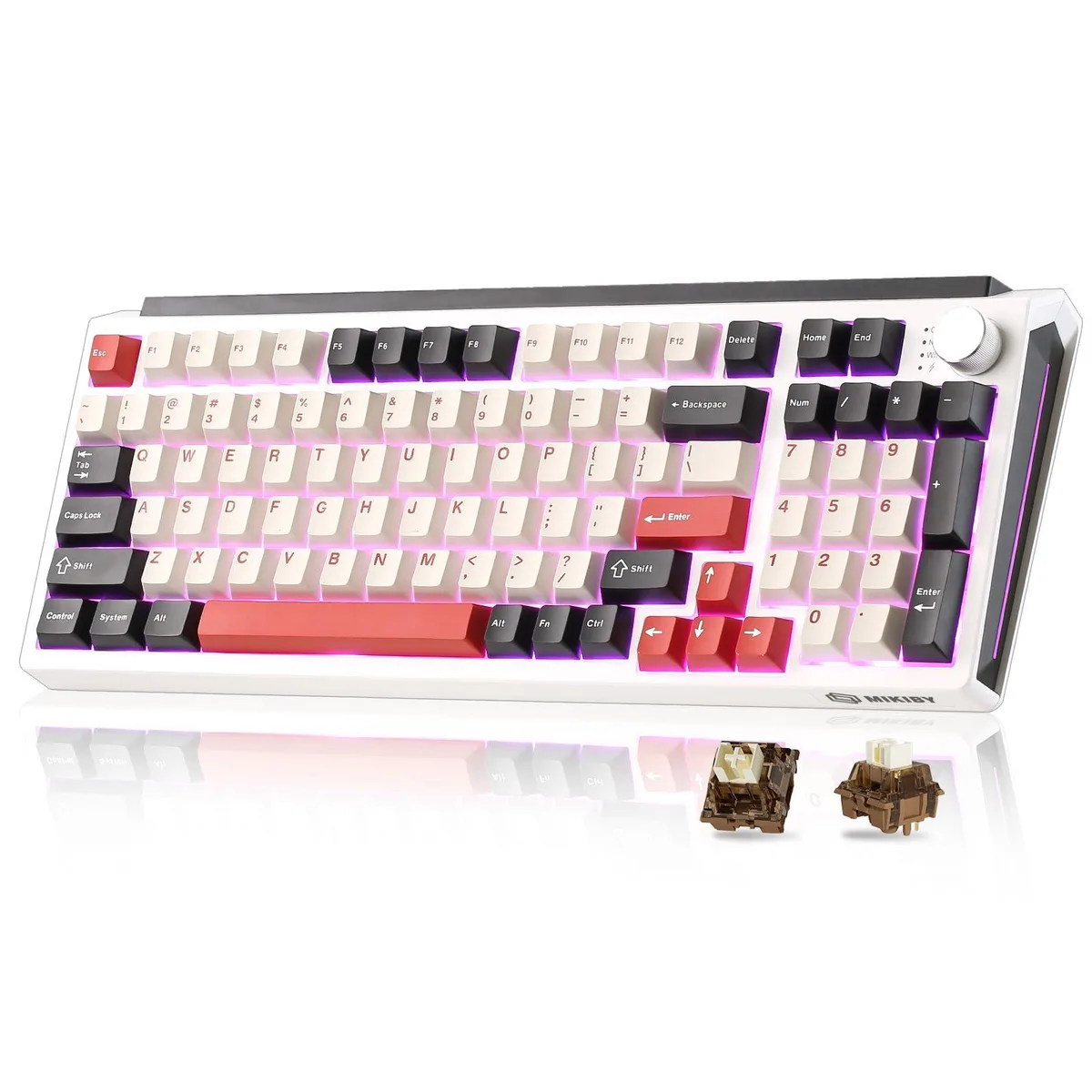 White and red compact mechanical keyboard with RGB backlighting and a rotary knob