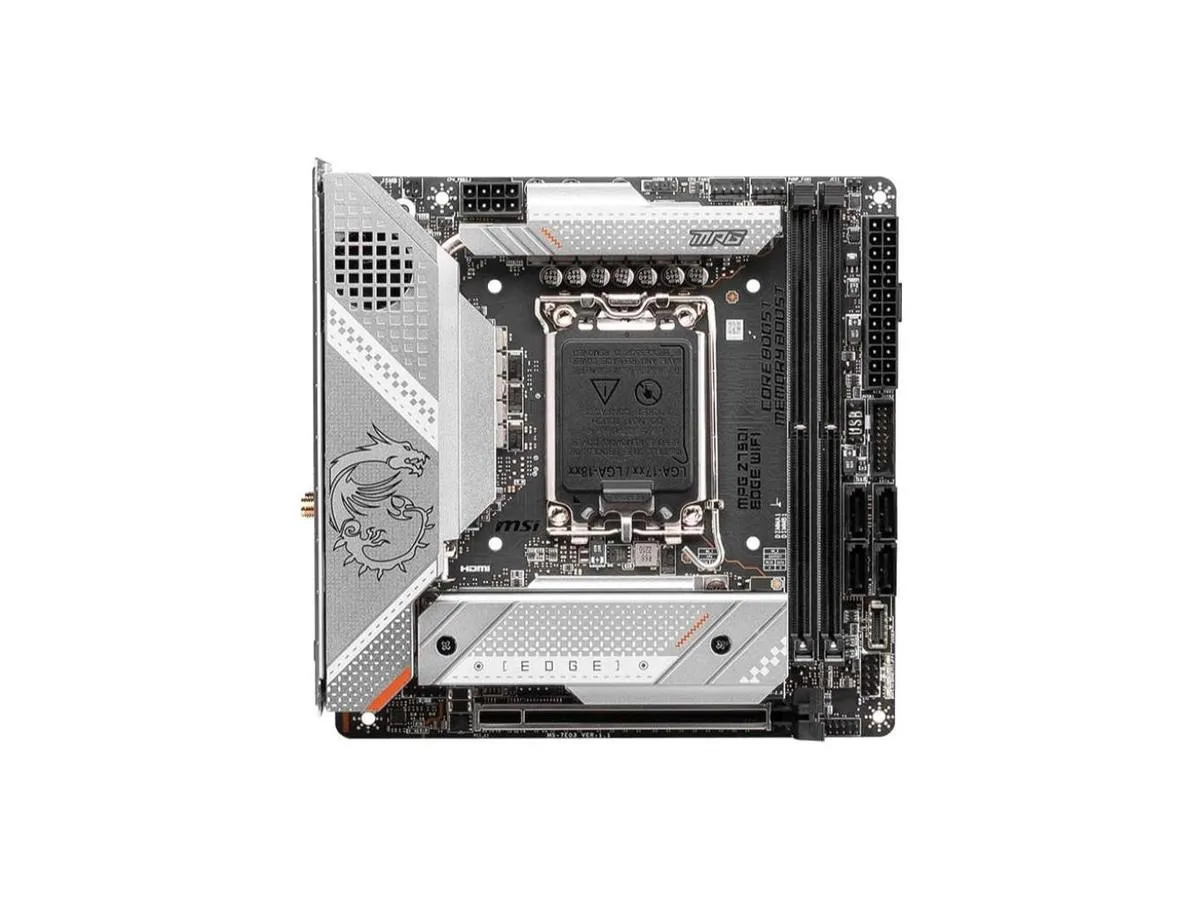 Compact Mini-ITX motherboard with dark metallic heatsinks and silver rear I/O panel