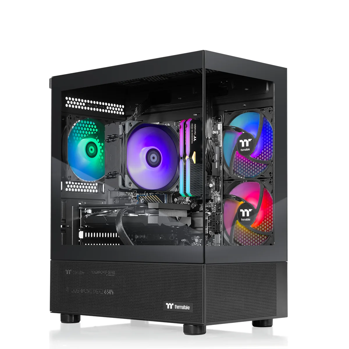 Black mid-tower gaming desktop with ARGB tower air cooler visible through side panel