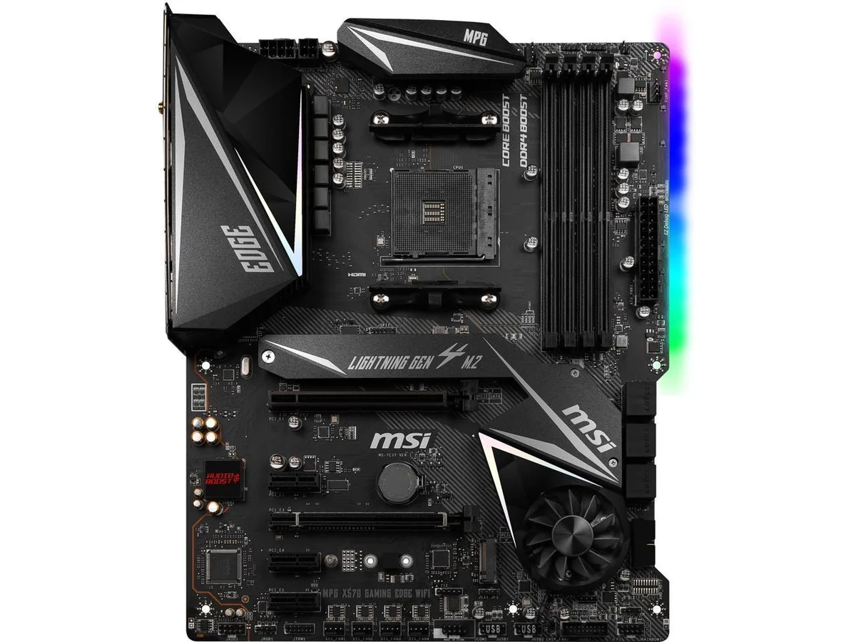 ATX motherboard dark grey black silver heatsinks AM4 socket four DDR4 slots PCIe slots HDMI 1.4 port I/O shield