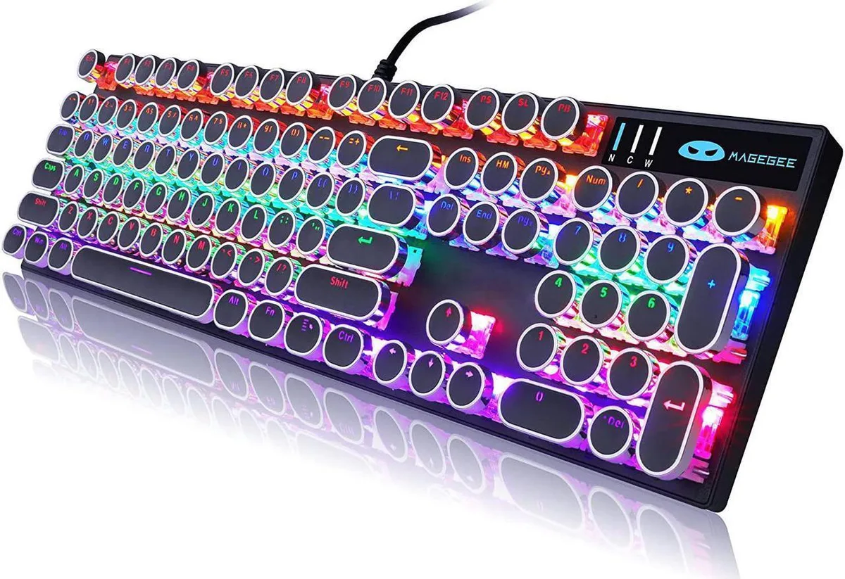 Black mechanical keyboard with round retro keycaps and RGB backlighting