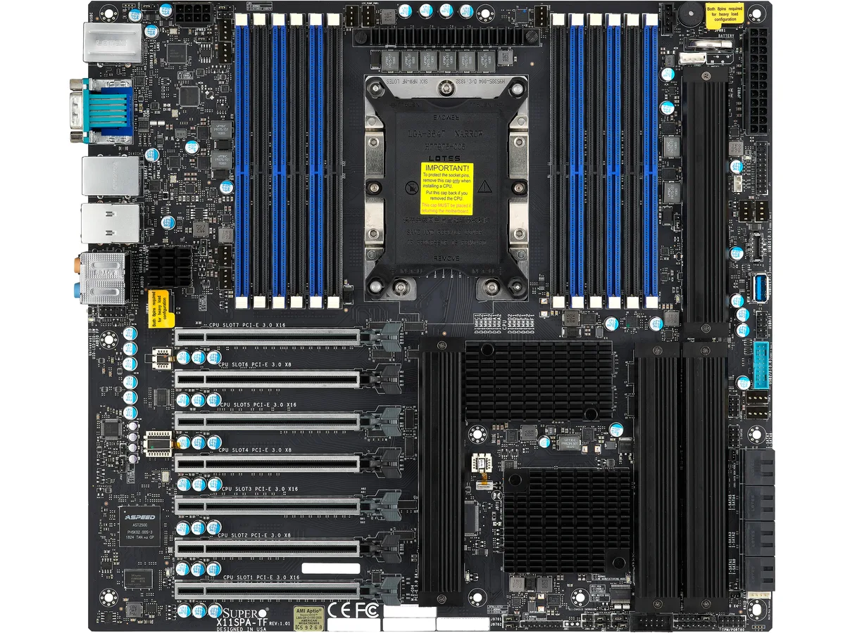 Green rectangular Extended ATX server motherboard with silver LGA 3647 socket and twelve black DDR4 slots