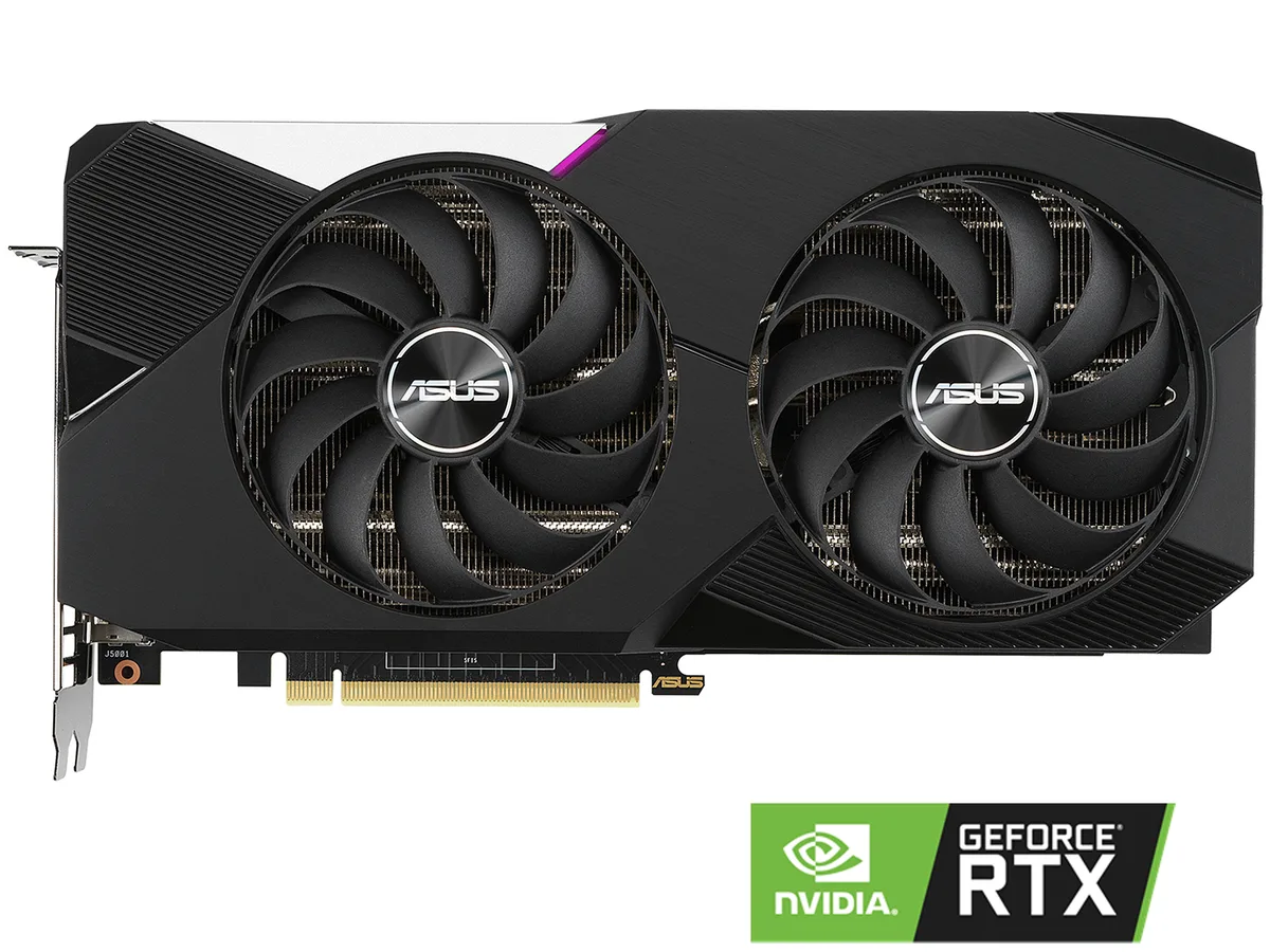 ASUS Dual GeForce RTX 3070 graphics card with two axial fans and a matte black metal backplate