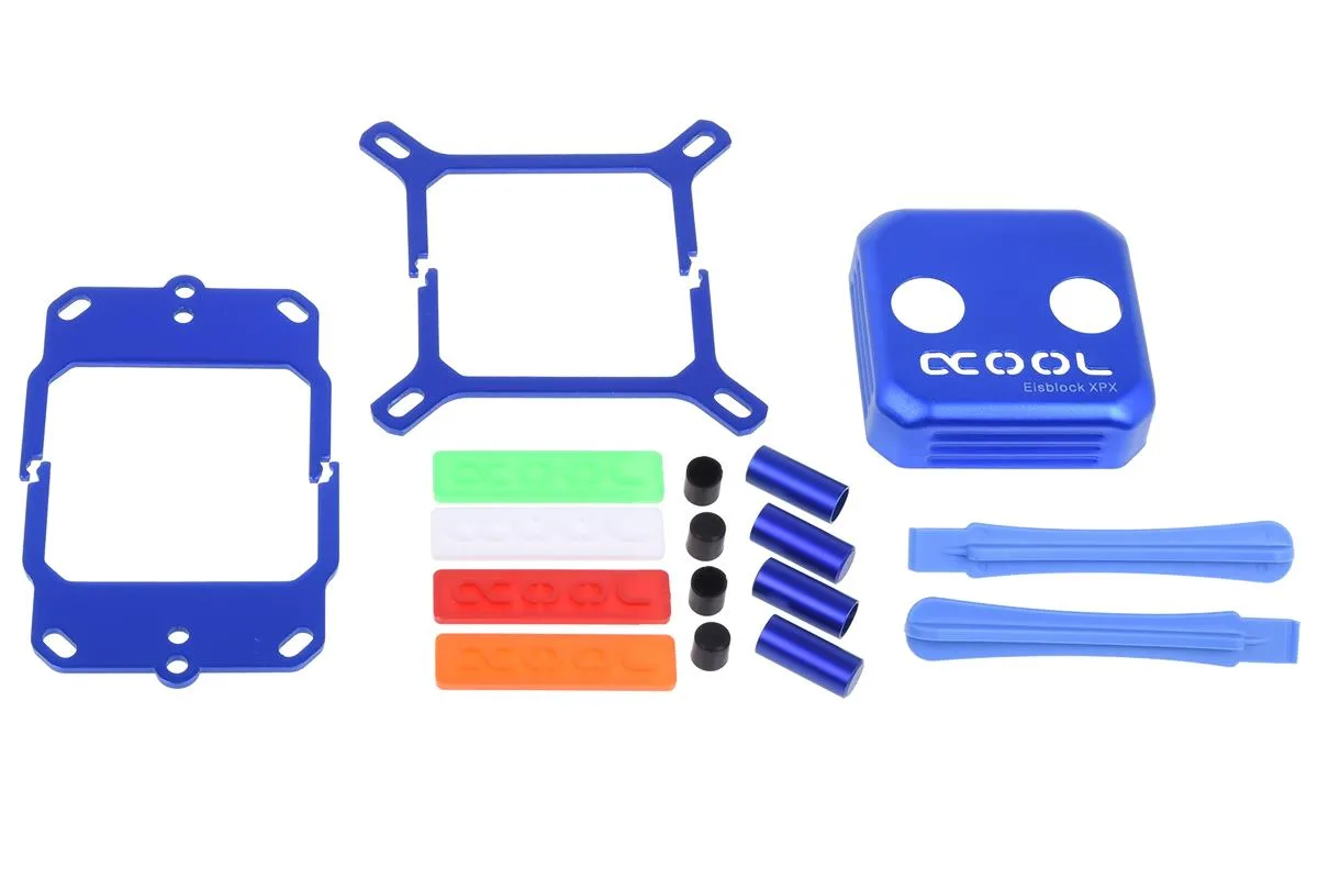 Blue aluminium cap with matching brackets, screw caps, coloured logos and removal tool for XPX Eisblock water block