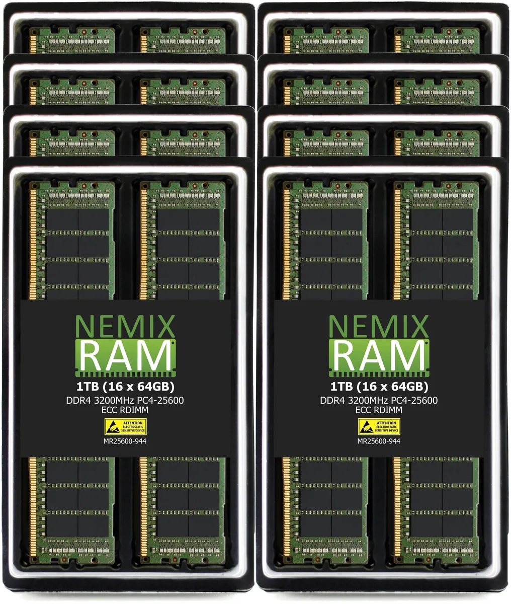Sixteen green DDR4 RDIMM sticks with silver heat spreaders and gold contacts