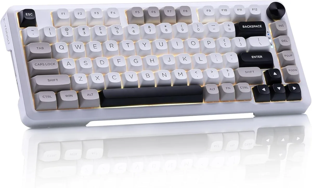 White and grey compact mechanical keyboard with a rotary knob on the right side