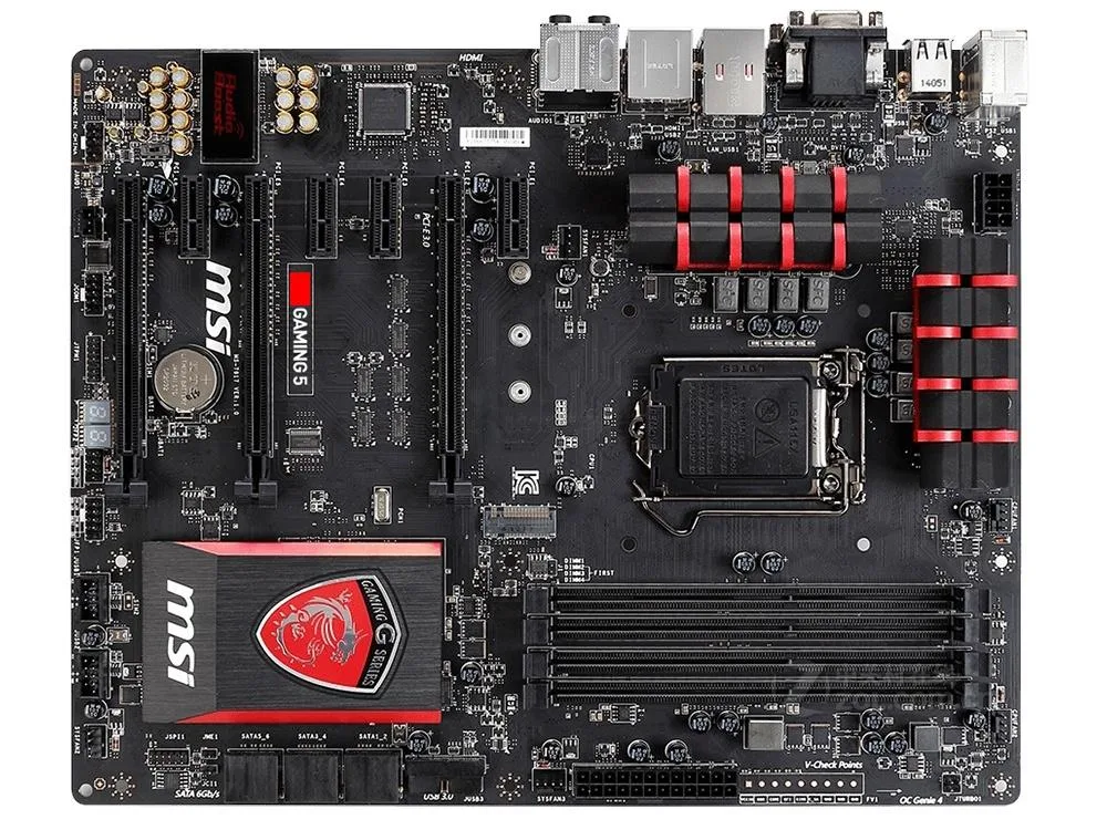 ATX motherboard, black PCB with red and silver heatsinks, LGA 1150 socket, four DDR3 slots, multiple PCIe and SATA ports