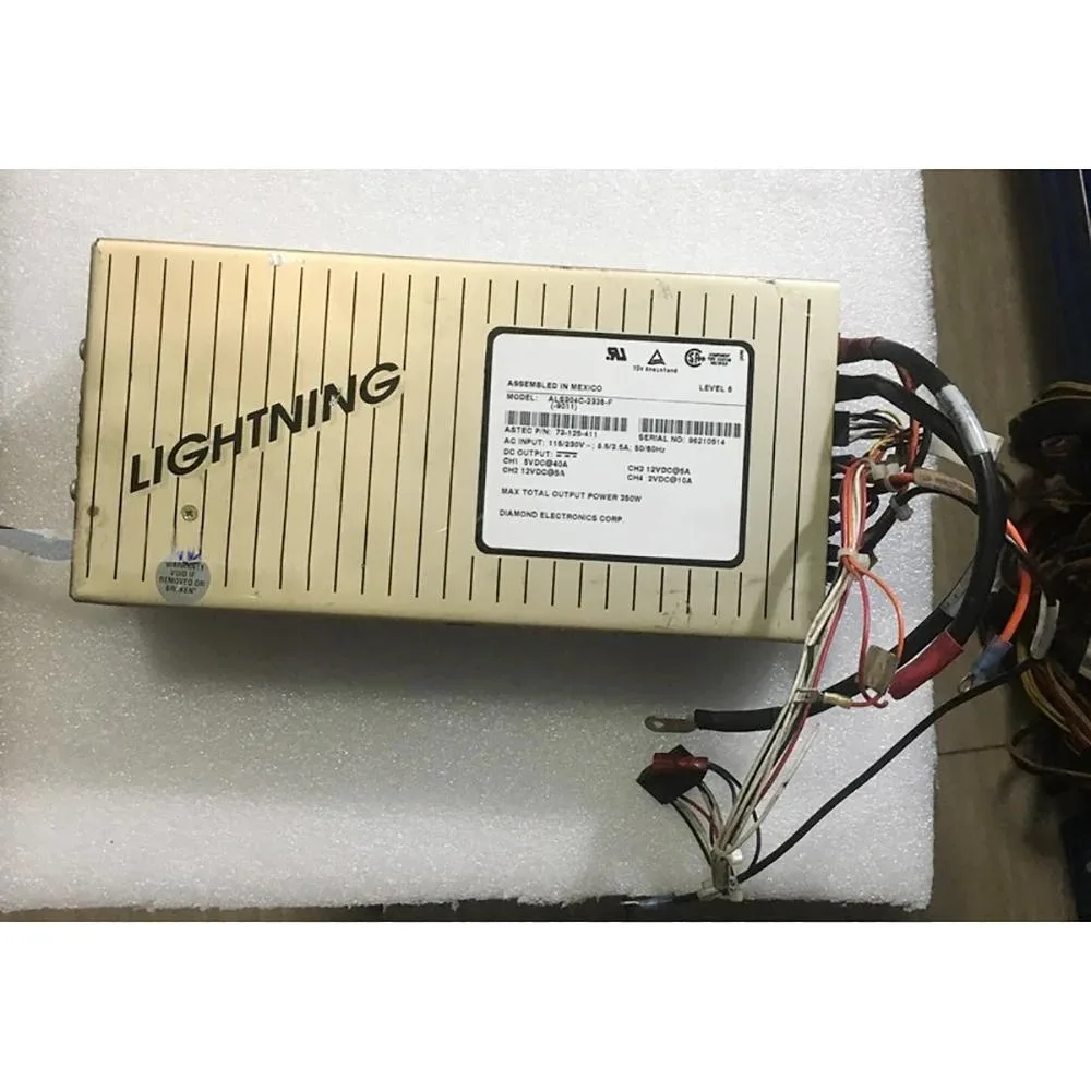 Rectangular silver ATX power supply unit with ventilation grille and label showing 350W