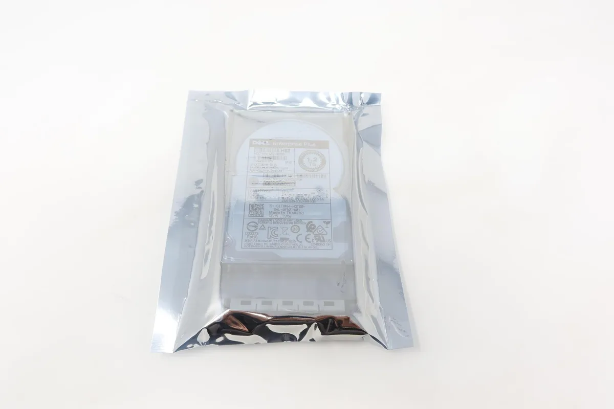 Silver 2.5 inch SAS hard drive mounted in a black Dell Gen13 server caddy