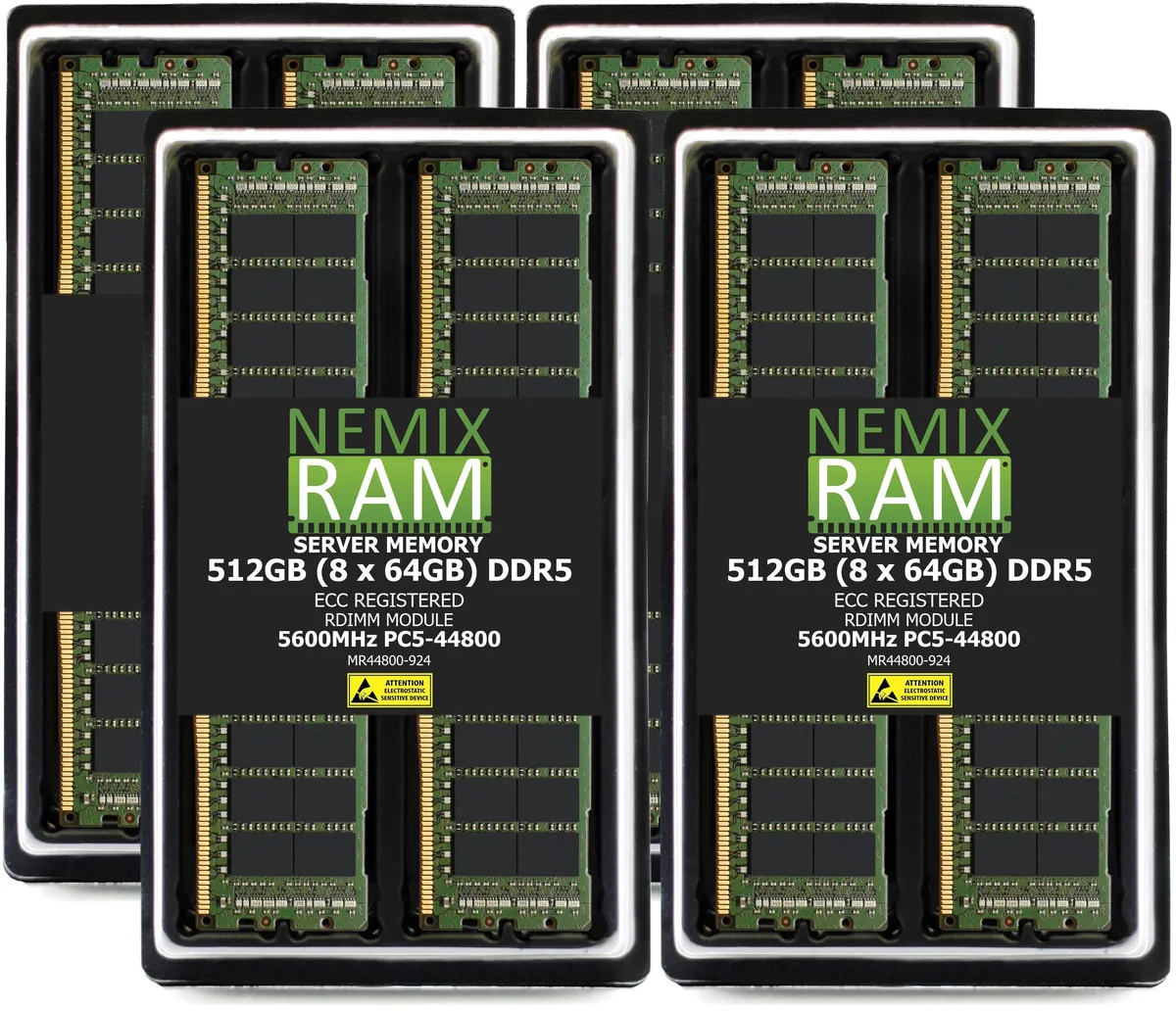 Eight green DDR5 RDIMM modules, bare circuit boards with black chips, no heat spreaders