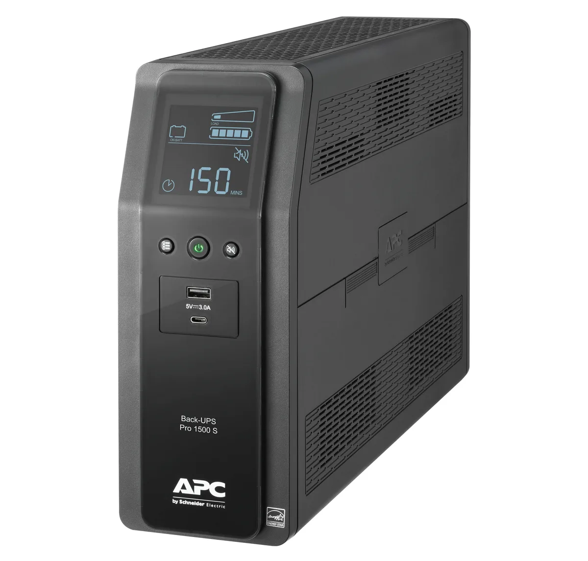 Black rectangular tower UPS with LCD screen and ten outlets
