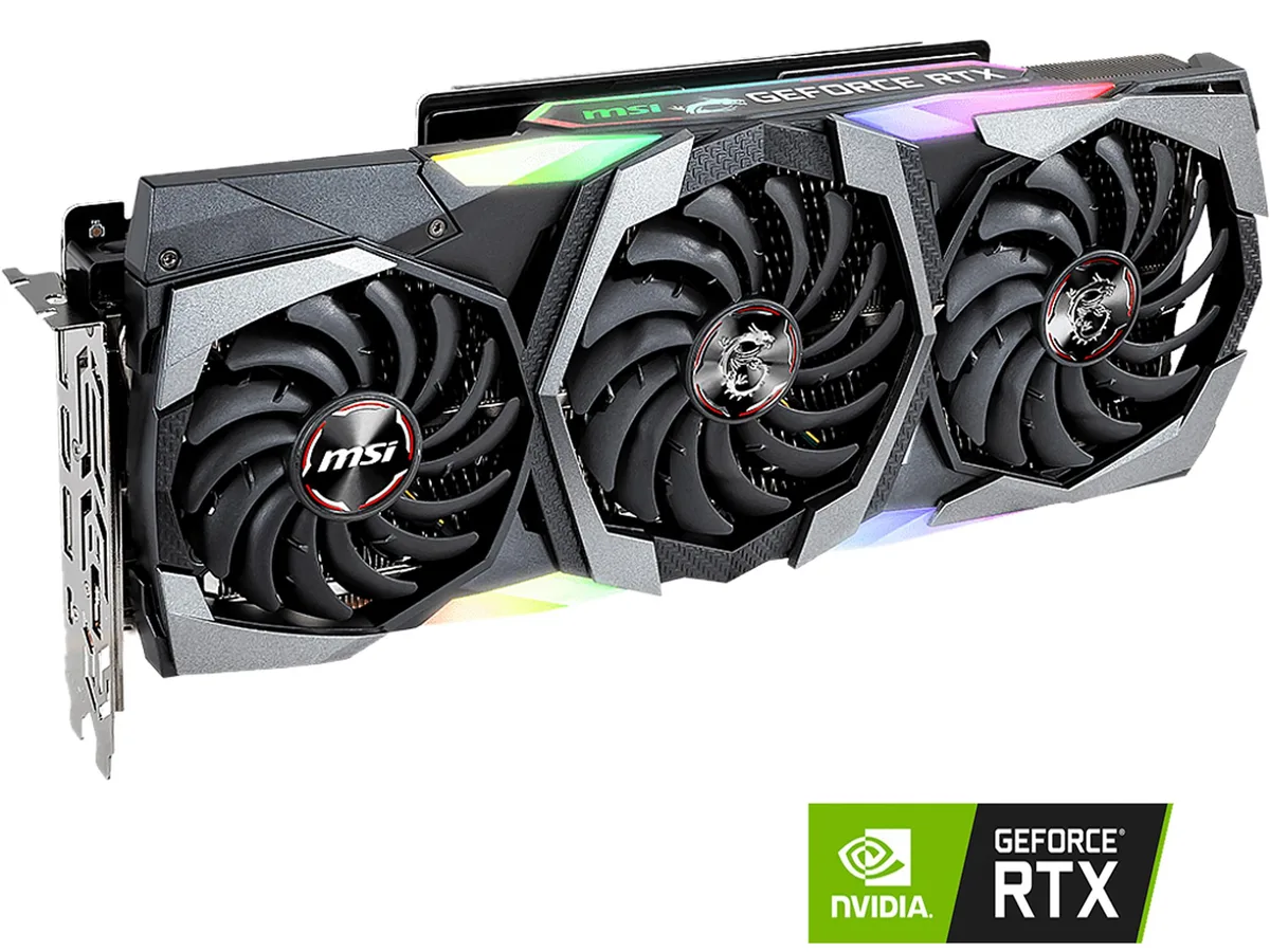 Full-length triple-fan graphics card, brushed-metal shroud with RGB accents, silver backplate, three DisplayPort and one HDMI port