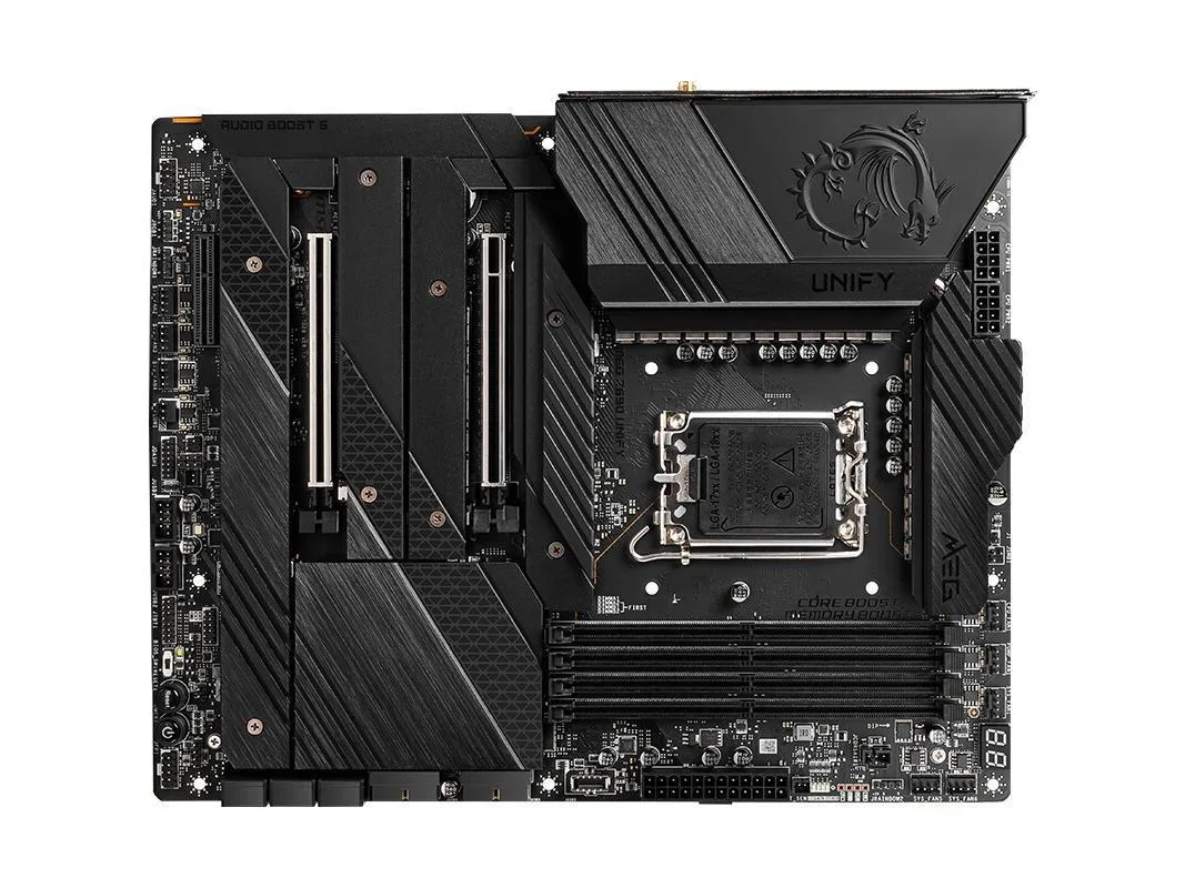 Black ATX motherboard with silver heatsinks and LGA 1700 socket