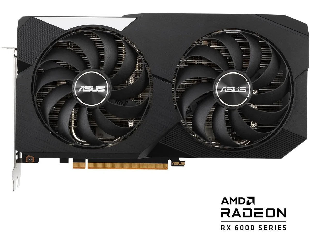 ASUS Dual Radeon RX 6600 XT graphics card, two-fan cooler, dark grey metal shroud, silver backplate, PCIe bracket with one HDMI