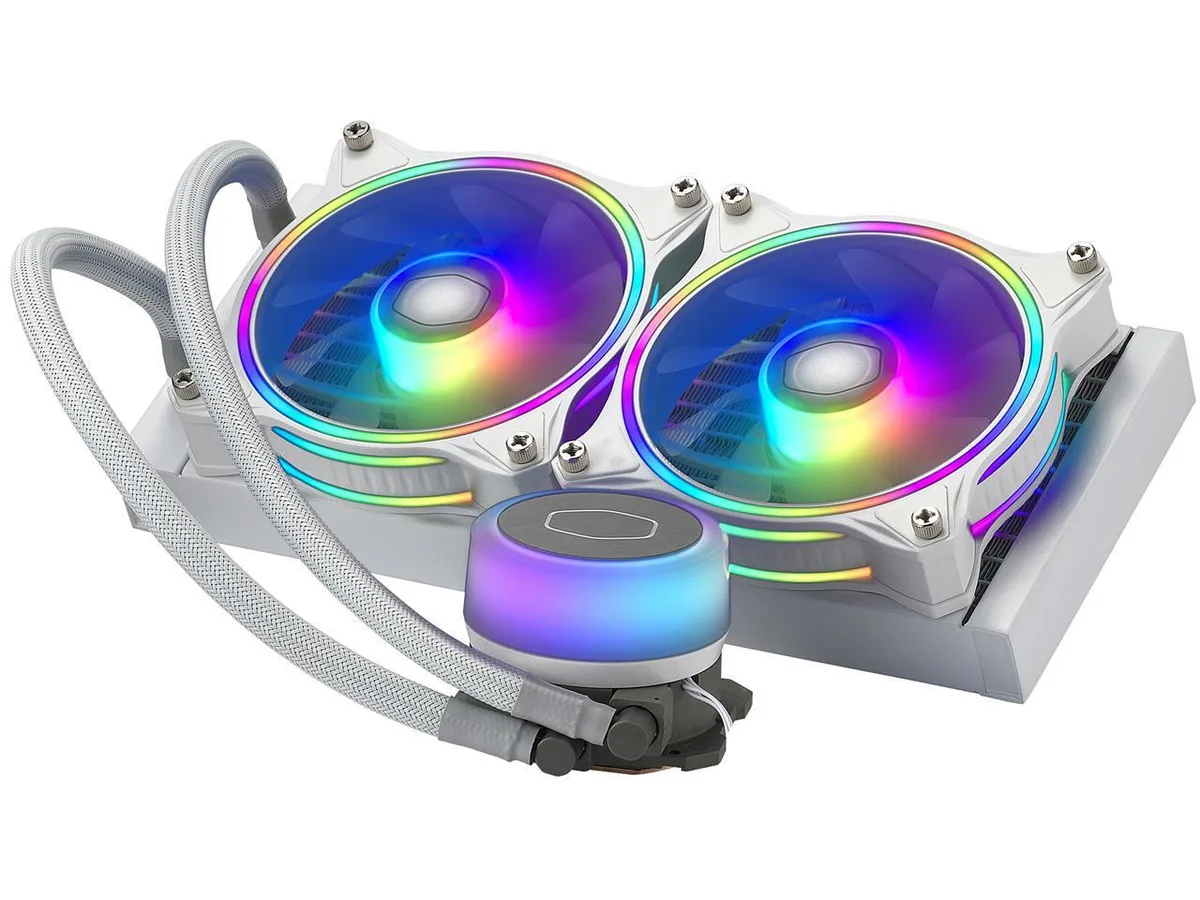White all-in-one liquid cooler with translucent pump dome, dual 120mm ARGB halo fans and 240mm aluminium radiator