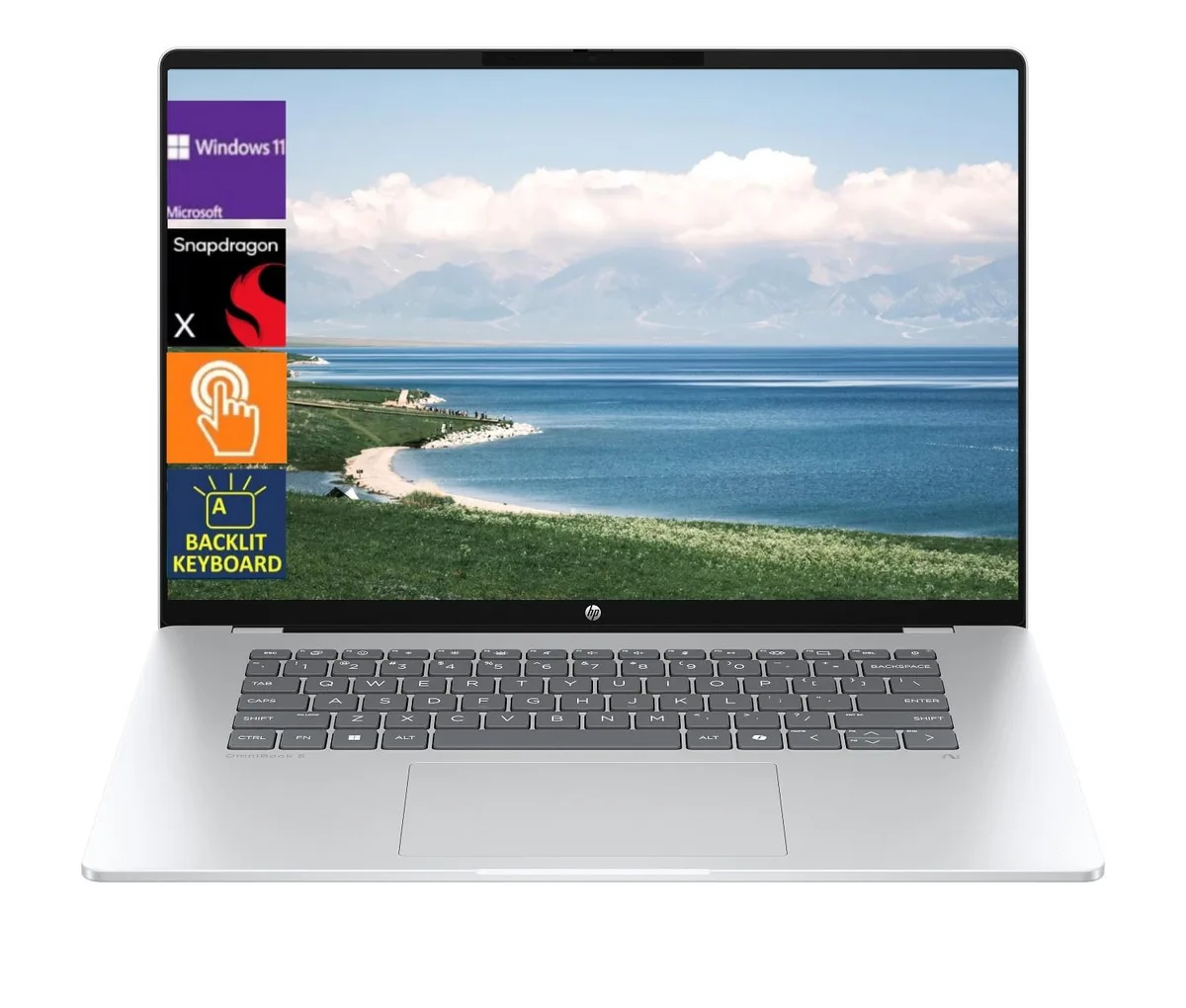 Silver laptop with 16 inch OLED touchscreen, thin bezels, backlit keyboard, closed lid