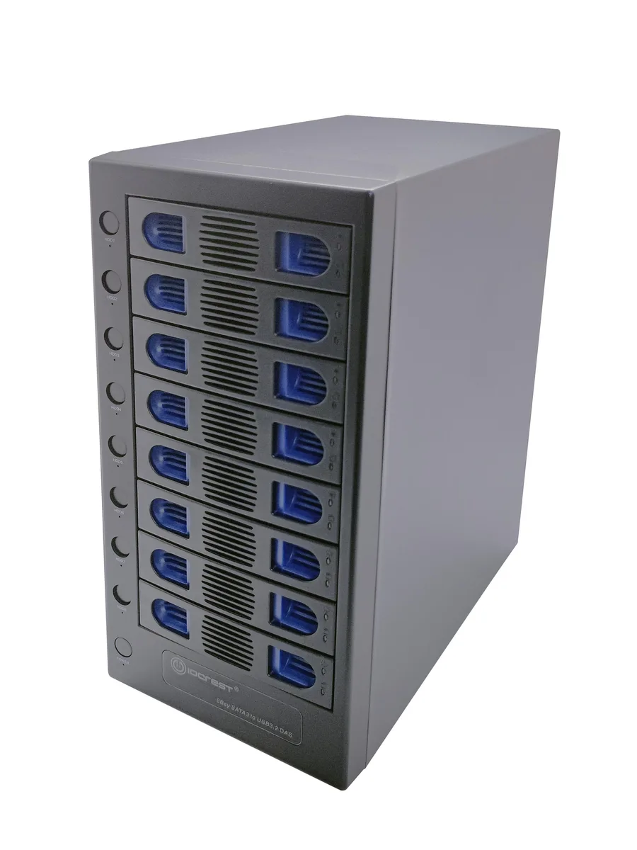 Black eight-bay USB 3.2 Type-C drive enclosure with individual power switches and cooling fan