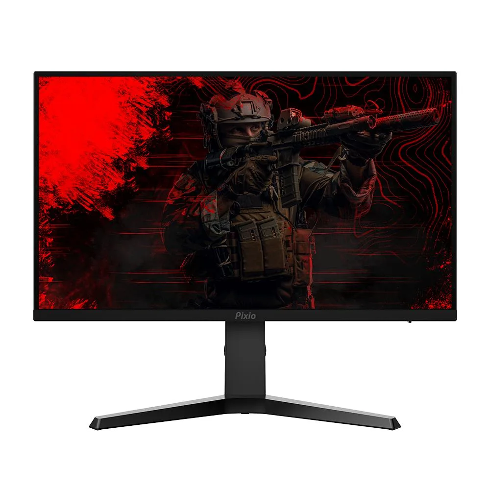 27 inch gaming monitor, three sided frameless bezel, matte dark finish, adjustable stand visible