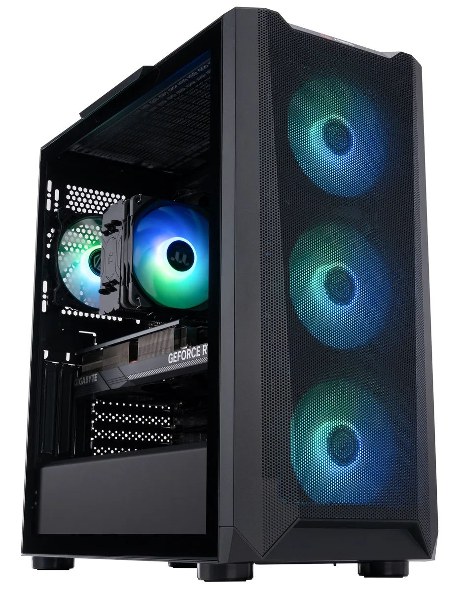 Black micro-tower gaming desktop with RGB memory visible through side panel